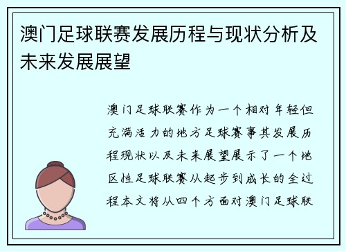 澳门足球联赛发展历程与现状分析及未来发展展望